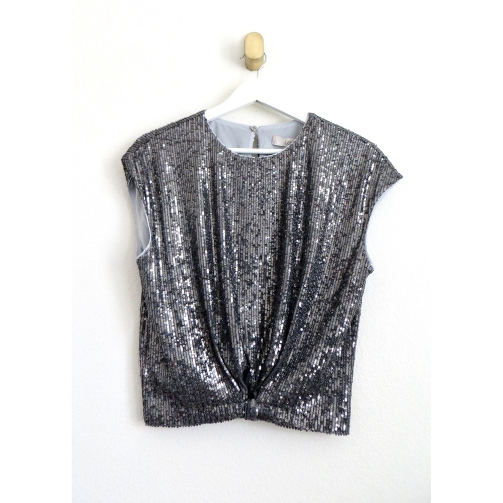 NEW! Ann Taylor Loft Metallic Silver Sequin Top Blouse Short Sleeve SZ S - Picture 2 of 5